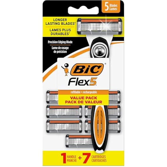 BIC Flex 5 Men's Refillable 5 Blade Razors, Long-Lasting and Comfortable Shave, 1 Handle and 7 Cartridges - Image 1